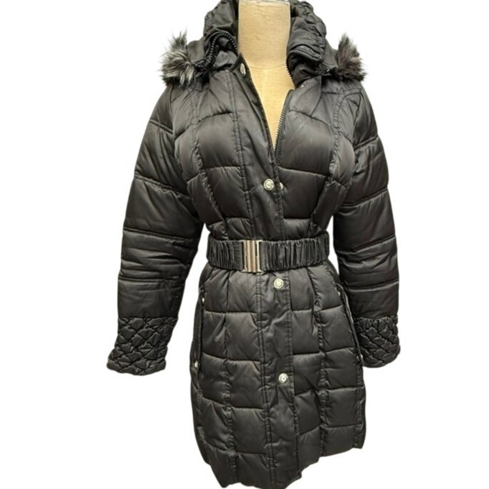 Betsey Johnson Black Down Puffer Coat Faux Fur Hood Belted SZ S PLZ READ FINAL!